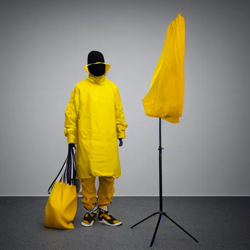 Prompt: photo studio with foggy background. yellow tent on floor. fisherman in balenciaga cloth, plastic bag and black mask. photorealistic high resolution, redshift render, 8 k