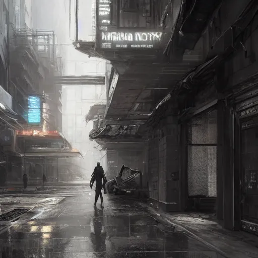 Image similar to doorway, empty sidewalk of a cyberpunk megacity, dramatic lighting, detailed background, gorgeous view, realistic, high detail, depth of field, lightrays, atmospheric, digital art, painted by jeremy mann, trending on artstation