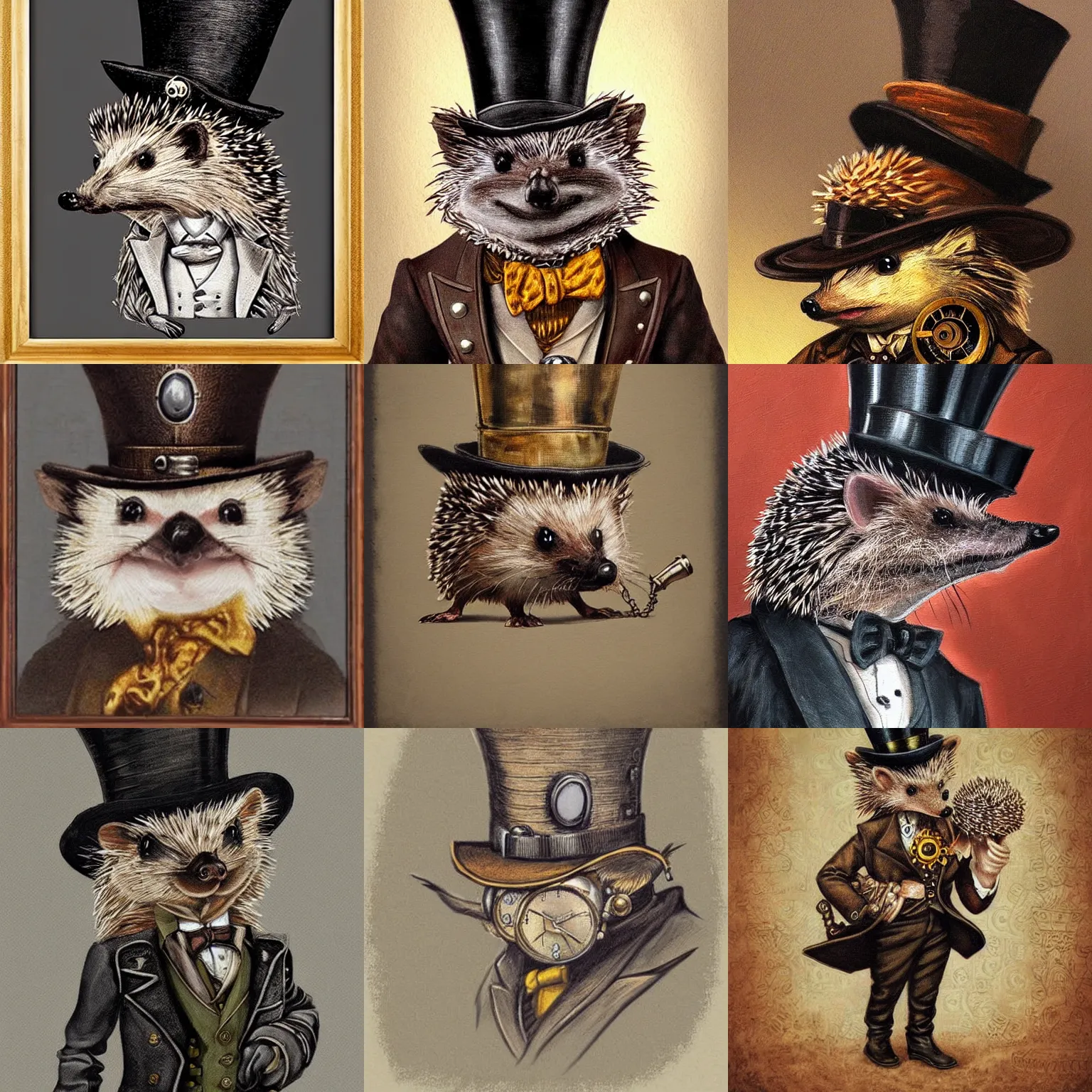 Prompt: hedgehog wearing a steampunk top hat, portrait, painting, detailed, intricate