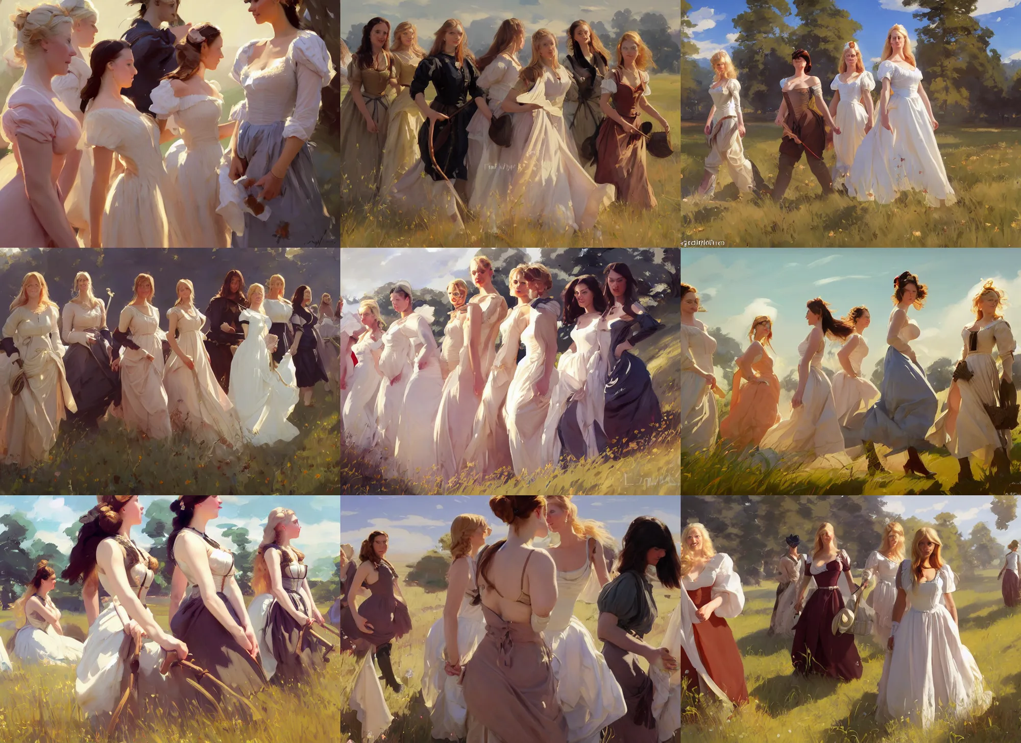 Prompt: five of beautiful finnish norwegian swedish scandinavian attractive glamour models wearing 1 7 th century bodice with low neckline walking in the field in a sunny day, jodhpurs greg manchess painting by sargent and leyendecker, studio ghibli fantasy close - up shot asymmetrical intricate elegant matte painting illustration hearthstone, by greg rutkowski by greg tocchini by james gilleard