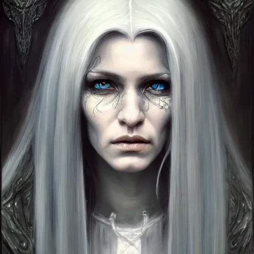 Prompt: portrait painting of a witch elf with long grey hair, sharp focus, award - winning, trending on artstation, masterpiece, highly detailed, intricate. art by seb mckinnon