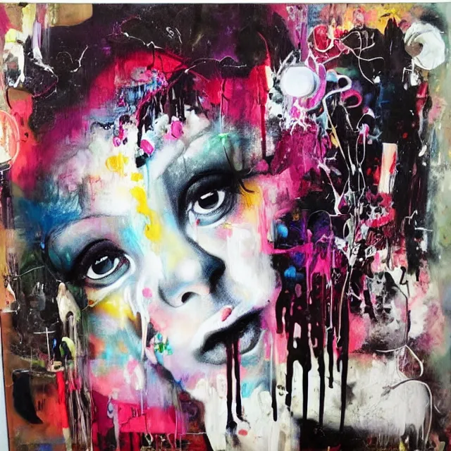 Image similar to “ a portrait in a female art student ’ s apartment, magic mushrooms, sensual, art supplies, a candle dripping white wax, berry juice drips, acrylic and spray paint and oilstick on canvas, surrealism, neoexpressionism ”