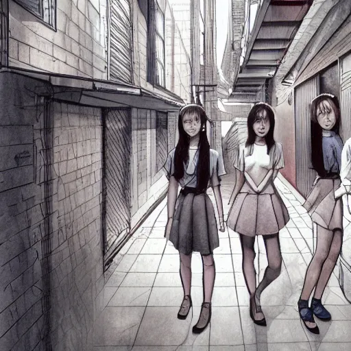 Image similar to a perfect, realistic professional digital sketch of close-up Japanese schoolgirls posing in a sci-fi alleyway, style of Marvel, full length, by pen and watercolor, by a professional American senior artist on ArtStation, a high-quality hollywood-style sketch, on high-quality paper