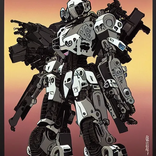 Image similar to syd mead roger dean alphonse mucha yoji shinkawa moebius victo ngai hyperrealism combat warrior mech combat robot mech suit exosuit guns gunfire explosions skirmish warfare gunfire death,