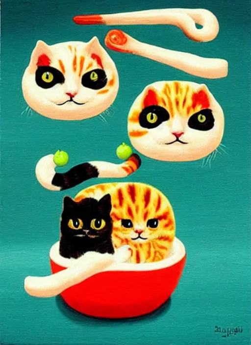 Image similar to clear surrealist painting of adorable cats made out of sushi