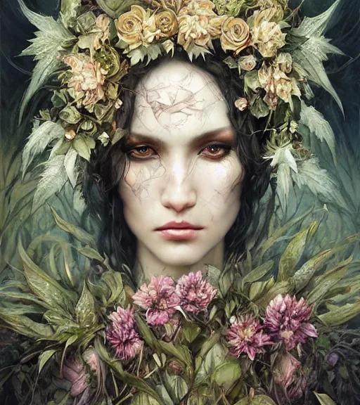 Image similar to portrait of the supreme queen of the dark cult, surrounded overgrowth and flowers 🍂 by karol bak, WLOP, James Jean, tom bagshaw, rococo, trending on artstation, fantasy magic fashion girl portrait, glossy eyes, face, fantasy, intricate, elegant, highly detailed, digital painting, concept art, smooth, sharp focus, illustration, cinematic lighting, hyper realism, octane render, 8k, hyper detailed.