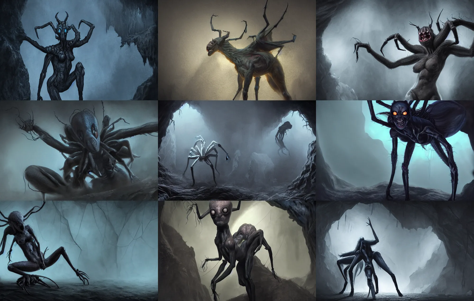 Prompt: creepy matte painting of a female spider centaur with eight legs sitting in a dark cave, ultra detailed, monster, half human half spider, human torso, spider abdomen, creature design, dnd, d & d, concept art, 8 k, moody lighting, muted colors, blue tone light, dramatic lighting