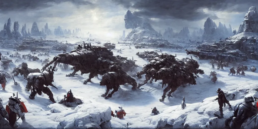 Prompt: the battle of hoth painted by jan matejko and grzegorz rutkowski. oil on canvas, sharp focus, cinematic atmosphere, detailed and intricate, perfect anatomy, detailed and intricate environment and characters