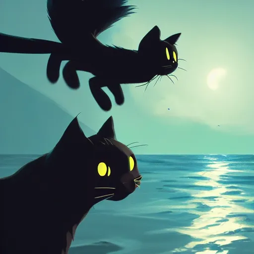 Image similar to a wholesome animation key shot of a black cat sailing a boat in the night, medium shot, studio ghibli, pixar and disney animation, sharp, rendered in unreal engine 5, anime key art by greg rutkowski, bloom, dramatic lighting