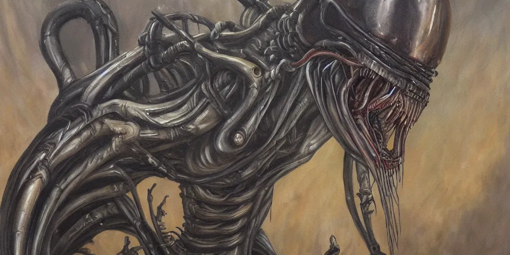 Prompt: oil painting of xenomorph in the style of HR Giger