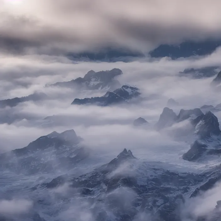 Prompt: award winning photo of glacier floating in the sky surrounded by clouds and mist,