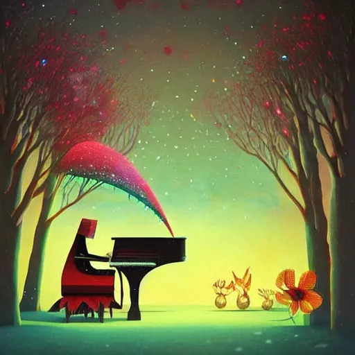 Image similar to low poly, pixar, la pianista Elesky tocando su piano en un surreal hybrid animals, nostalgia for a fairytale, magic realism, flowerpunk, mysterious vivid colors by andy kehoe and amanda clarke en un mundo de Gediminas Pranckevicius