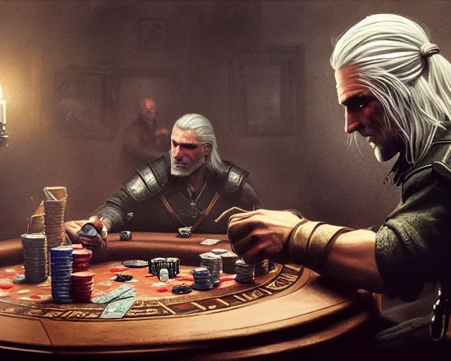 Image similar to 5 5 mm portrait photo of geralt playing poker. magical atmosphere. art by greg rutkowski. highly detailed 8 k. intricate. lifelike. soft light. nikon d 8 5 0.