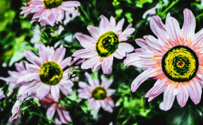 Image similar to macro depth of field beautiful flowers with cyborg eyes in the middle