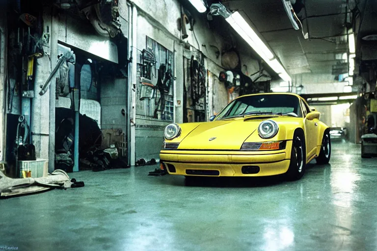 Prompt: a single 1 4 8 0 porsche 9 1 1, inside of a tokyo garage, ektachrome photograph, volumetric lighting, f 8 aperture, cinematic eastman 5 3 8 4 film, movie still from bladerunner