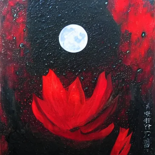 Image similar to rain, moon, knight and princess, oil painting, red and black, bloom, detailed, coherent like dalle 2