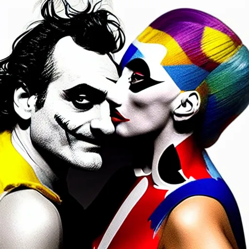 Image similar to richard hamilton and mimmo rottela as lady gaga harley queen and joaquin phoenix joker kissing, pop art, 2 color, left and right align separate, object details, dynamic composition, 4 k, ultra realistic art, smooth, sharp focus, full body portrait, illustration, concept art, intricate details, h 7 6 8