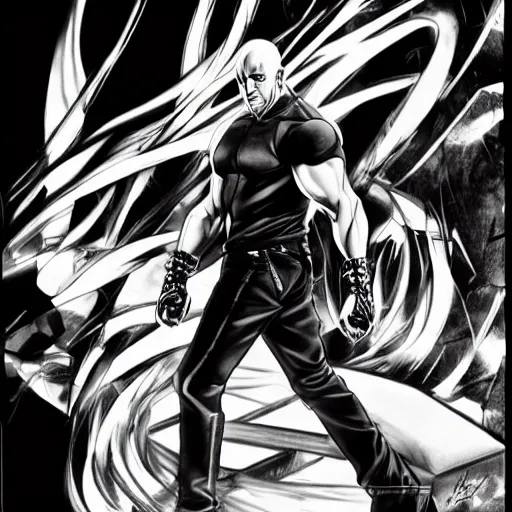 Prompt: Black and white drawing of Vin Diesel walking like a Italian model in JoJo style, highly detailed, sharp focus, anime, ArtStation, art by Hirohiko Araki