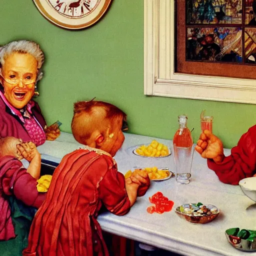 Prompt: hyper realistic hight detailed grandmother with a big mouth eating gummi bears on the table in the russian kitchen, by norman rockwell, bright colors, 4 k, 1 6 k, 3 2 k, photorealistic, cartoon style