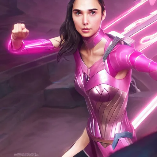 Image similar to gal gadot as the pink power ranger in the style of makoto shinkai zhaoming wu, john collier, albert aublet, cedric peyravernay. sharp focus, semi - realism, intricate detail. unreal engine, octane rendering