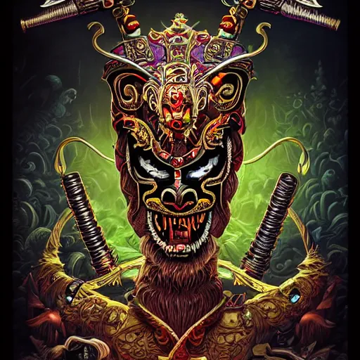 Image similar to side profile of barong family ancient sword with jewels, wiwek, mara demon, one single tribe member, jungle, one single mask, dark, tribal, inner glow, art by dan mumford and justin gerard