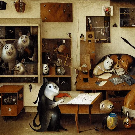 Image similar to anthropomorphic animals working in a cluttered office space by hieronymus bosch, ultra detailed, highly detailed, 8 k, trending on artstation, award - winning art,