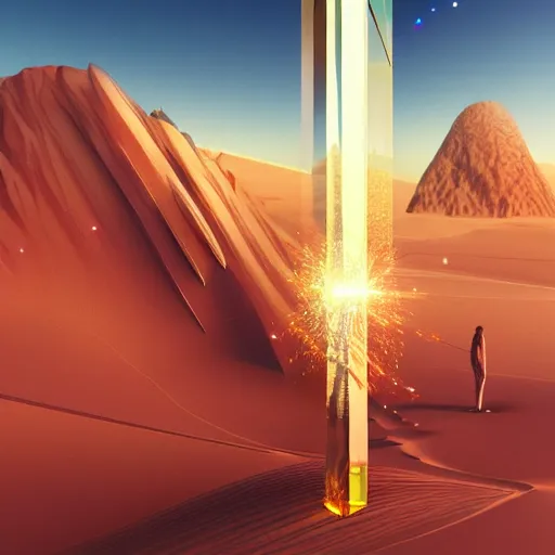 Prompt: huge angular vertical complex translucent crystals in the desert, reflection from the crystal is sparkling due to sun, small retro starship in the sky, futuristic hi-tech details, art by anthony macbain + greg rutkowski + alphonse mucha, concept art, 4k, sharp focus, cinematic render unreal engine