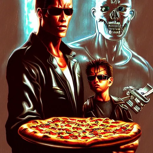 Image similar to the terminator meeting Neo from the Matrix in a restaurant, they eat pizza, highly detailed, digital painting, sharp focus, fantasy art