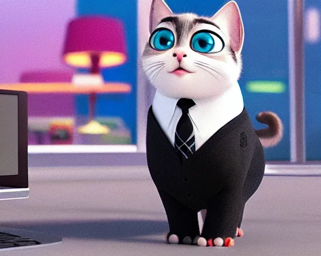 Prompt: business kitty, still from a new pixar movie