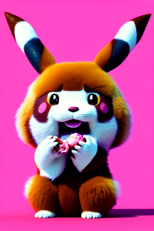 Image similar to high quality 3 d render hyperrealist very cute pastel fluffy! grumpy dragon red panda hybrid eating giant ice cream full body, vray smooth, in the style of detective pikachu, hannah yata charlie immer, dramatic pink light, low angle, uhd 8 k, sharp focus