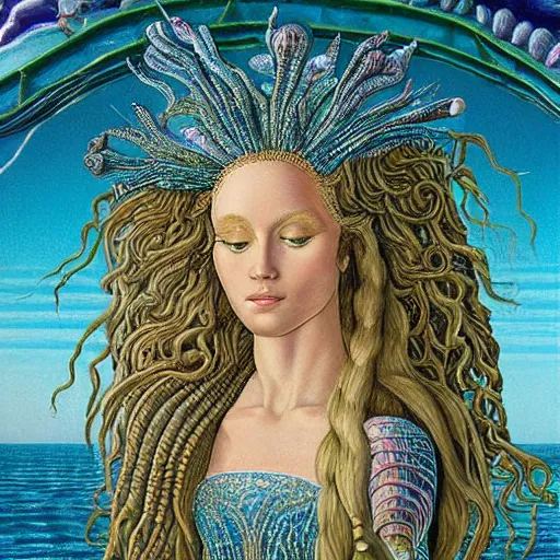 Prompt: intricate detail, gilbert williams and sandro botticelli portrait of tan sumerian mermaid goddess atargatis, with aqua neon rapunzel dreadlocks adorned in seashells, near crystal temple in atlantis, iridescent dolphins swimming in the sea, unicorn flying in the sky, paleozoic atlantis