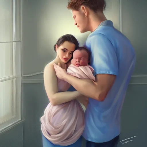 Prompt: husband and wife standing together holding their newborn baby girl, beautifully lit, detailed, by artgerm, mumford and rutkowski, artstation cgsociety