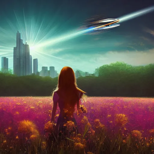 Prompt: A women in a field of flowers with a city in the background and a spaceship taking off, digital painting, volumetrics, light rays, 4k, by Mari Inukai and Bria Burke