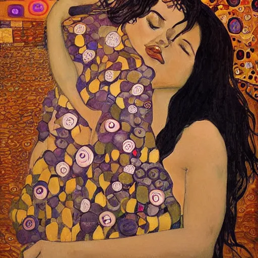 Image similar to Tifa at the beach, fullbody in the style of Gustav klimt!!!!!!!!!!