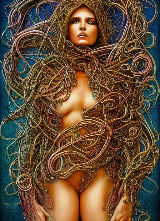 Image similar to beautiful psychedelic goddess enrobed in tentacles in the style of peter gric