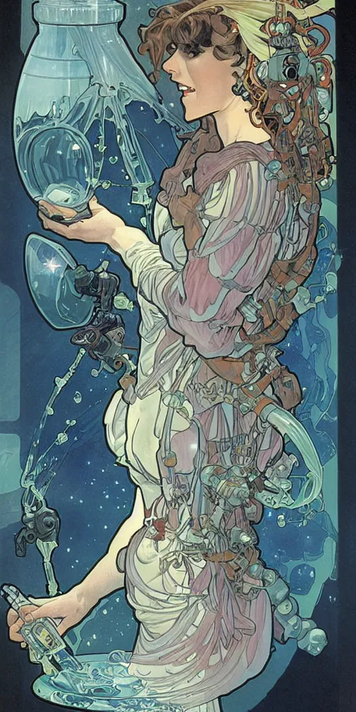 Image similar to a woman wearing outer space as a dress, pouring water from a vase into the milky way, by travis charest, by alphonse mucha, battle chasers.