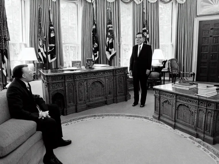 Image similar to photo of richard nixon t posing in the oval office, kodachrome, wide angle