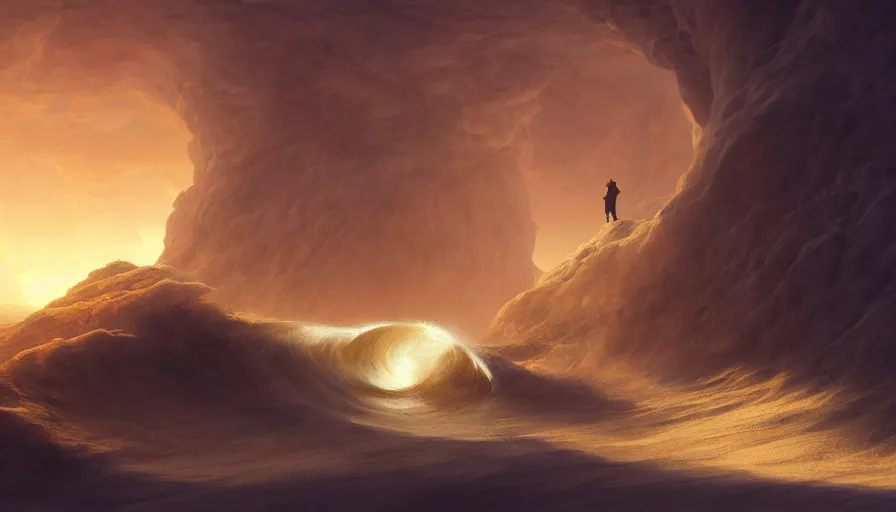 Prompt: a glowing magical portal inside a big wave made of sand fantasy desert, portal, a man watching over, lightning, by caspar david friedrich by james gilleard and justin gerard, artstation, smooth, sharp focus, by jean baptiste, octane render