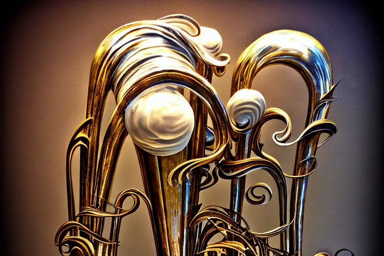 Prompt: intricate filigreed tuba cloud sculpture, art nouveau environment, surreal, milky way, award winning art, epic dreamlike fantasy landscape, ultra realistic,