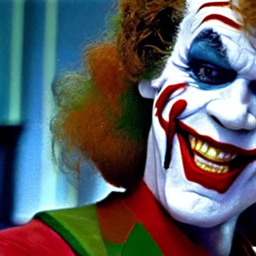 Image similar to bob Ross as the joker smiling while winking as he is getting done from Harley Quinn