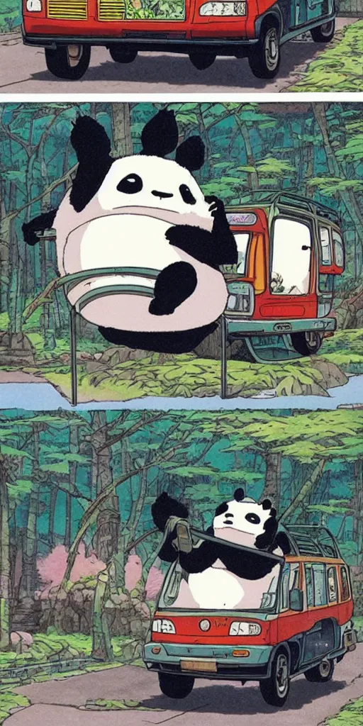 Prompt: a panda bus in japan like totoro, 1990s anime, full color, tarot card the chariot, highly detailed ,