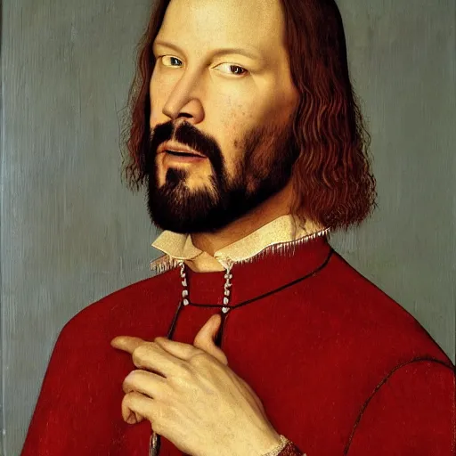 Prompt: portrait of keanu reeves, oil painting by jan van eyck, northern renaissance art, oil on canvas, wet - on - wet technique, realistic, expressive emotions, intricate textures, illusionistic detail