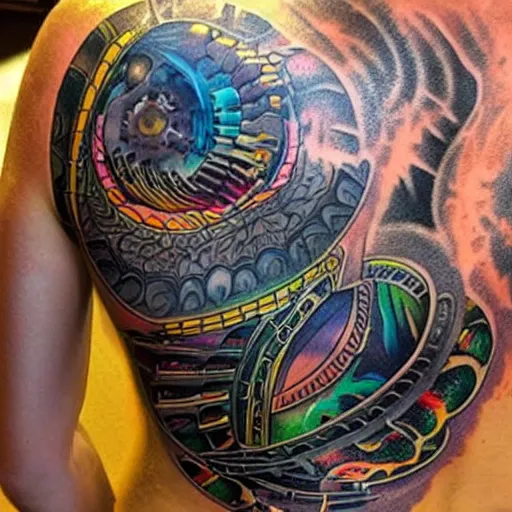 Image similar to shoulder and back tattoo of a 3 d hole in the skin with a shiny multicolored metallic gears and tubes robotic mechanics inside under the skin, insanely integrate,