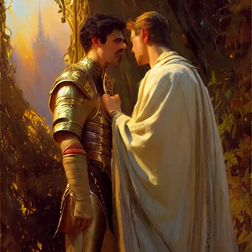 Image similar to attractive fully clothed king confesses his love for his attractive fully clothed male prince. highly detailed painting by gaston bussiere, craig mullins, j. c. leyendecker 8 k