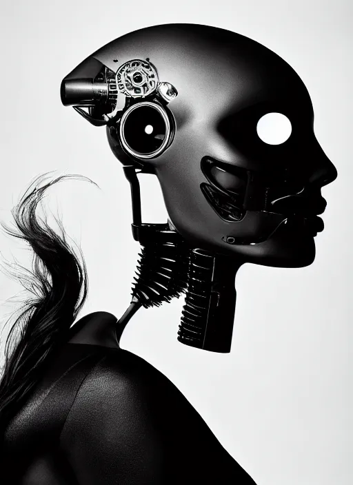 Prompt: profile portrait, a stunning young woman - cyborg with a mutant crow head, editorial photography, bw, by hanz bellmer, shot on 7 0 mm, depth of field, f / 2. 8, high contrast, 1 6 k, volumetric lighting, shiny, insanely detailed and intricate, hypermaximalist, elegant, ornate