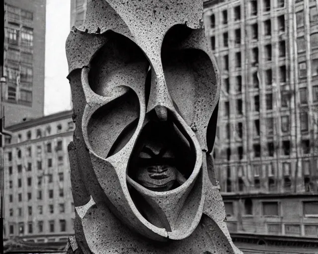 Prompt: by francis bacon, vivian maier, mystical photography evocative. an intricate fractal concrete and steel carved sculpture of the secret faces of god and a pile of bones, standing in a city center.