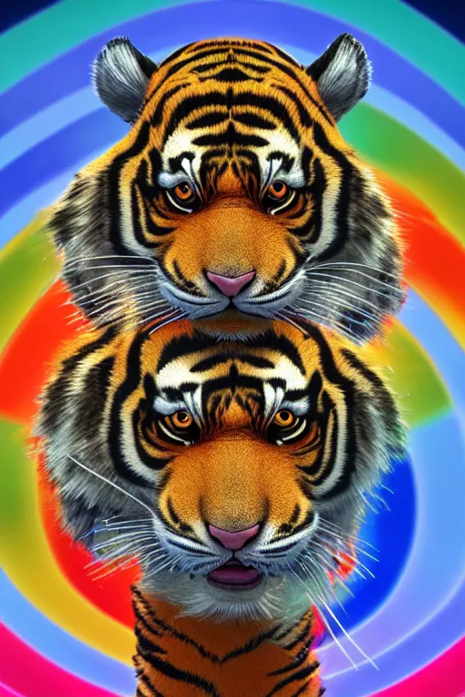 Image similar to Male Anthropomorphic Furry Tiger as Police ,fullbody, Rainbow Background, 8k Photo Realistic