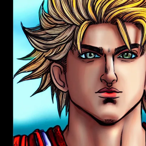 Image similar to photorealistic depiction of alexander the great, with blonde goku hair, style is realistic, colorful, real life