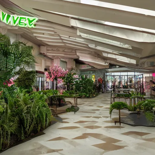Prompt: overgrown vaporwave 9 0 s mall food court concerted into a sanctuary by cybernetic valentino fashion cult