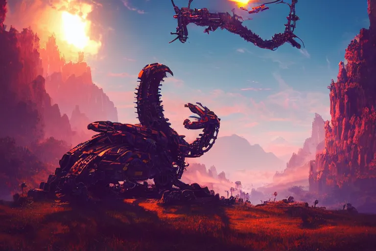 Image similar to slitherfang machine mecanical creature robot of horizon forbidden west horizon zero dawn radiating a glowing aura global illumination ray tracing hdr fanart arstation by ian pesty and alena aenami artworks in 4 k